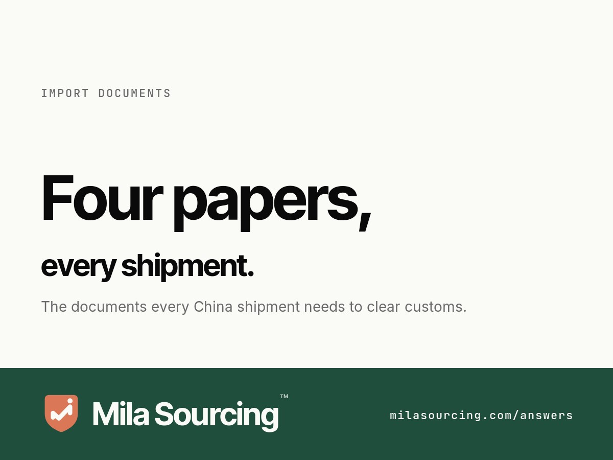 The documents you need to import from China: commercial invoice, packing list, bill of lading, and certificate of origin
