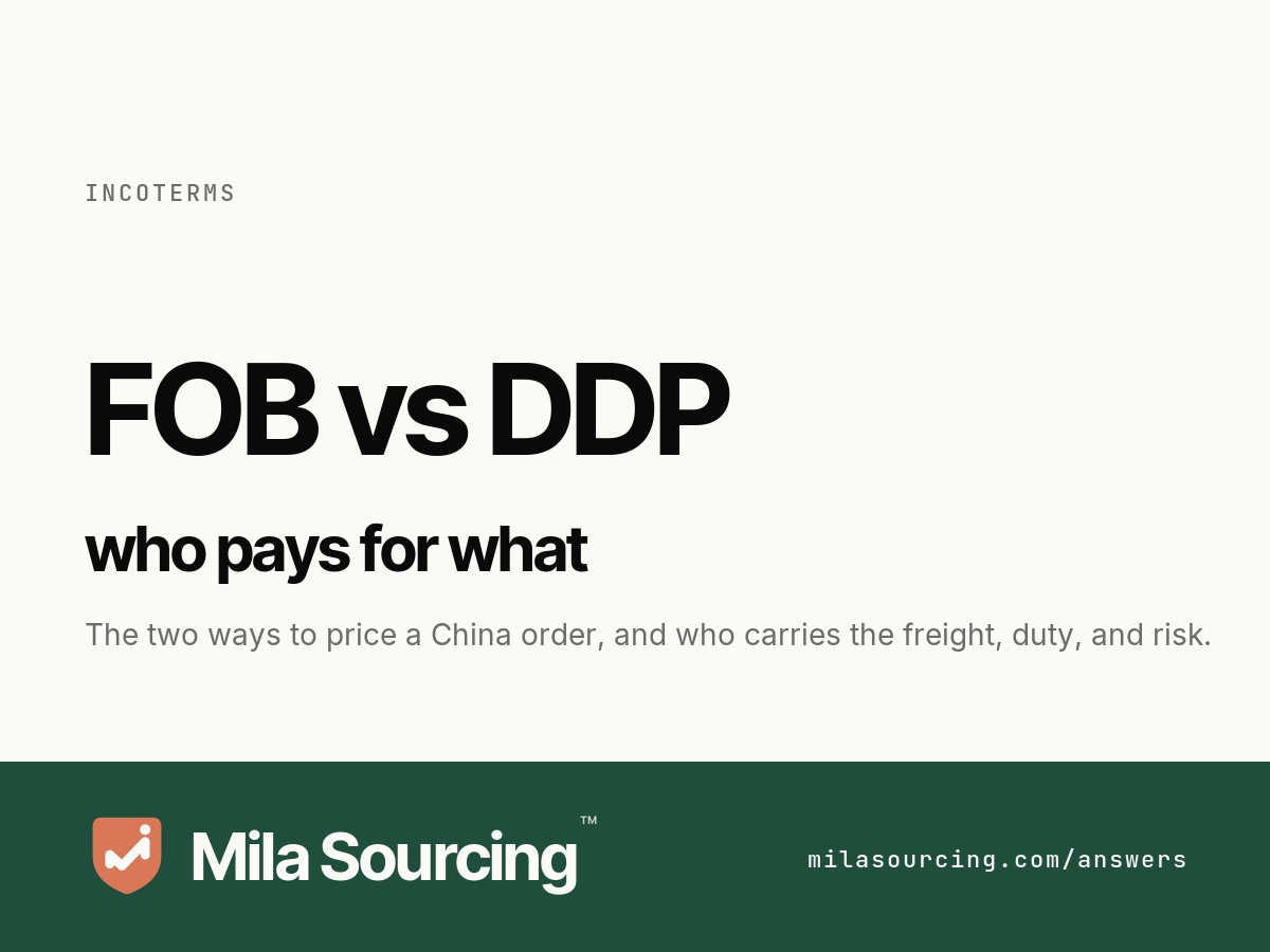 FOB vs DDP when buying from China: FOB ends when the goods are loaded onto the ship and you control freight and duty, DDP is one all-in price to your door