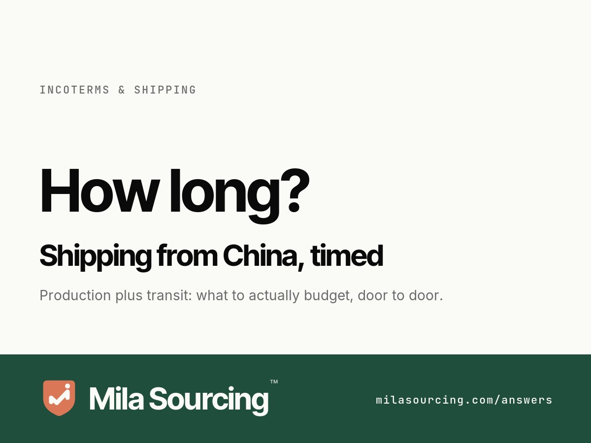 How long shipping from China takes: production lead time of 15 to 45 days plus transit, sea about 30 to 45 days door to door, air 8 to 15 days, express 3 to 7 days