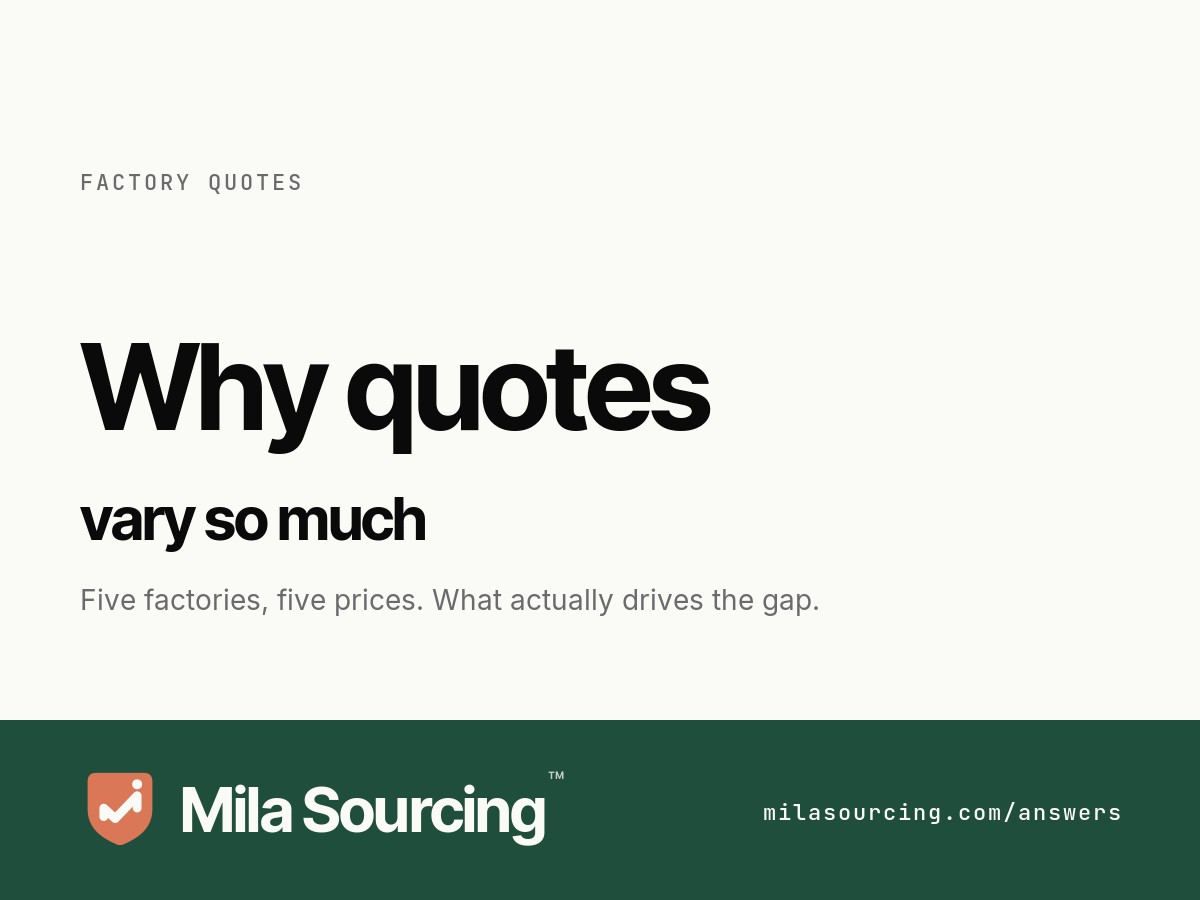 Why quotes from different Chinese factories vary so much: spec gaps, material grades, factory versus trader, quantity and tooling, and Incoterms, and how to compare like for like