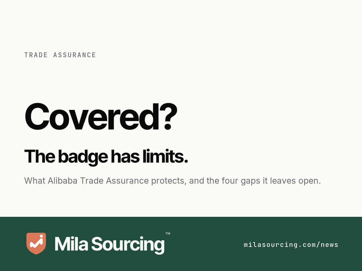 Alibaba Trade Assurance explained: it covers on-time shipment and goods matching the written order spec, but the escrow releases at shipment not delivery, cover is capped at the supplier's profile amount, and any payment made off Alibaba.com is unprotected