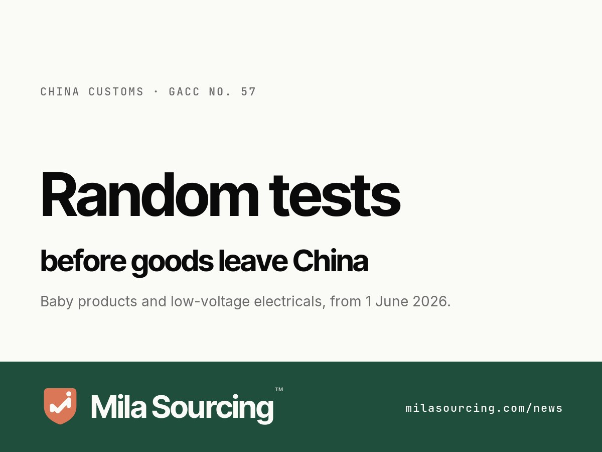 China Customs under GACC Announcement No. 57 begins random testing of exported baby products and low-voltage electricals from 1 June 2026, before the goods leave China for importers worldwide