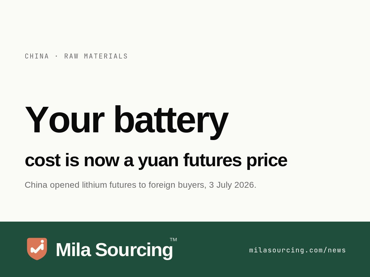 China opened its Guangzhou lithium carbonate futures to foreign miners, battery makers and traders on 3 July 2026, and what the move means for anyone importing battery-powered goods from China