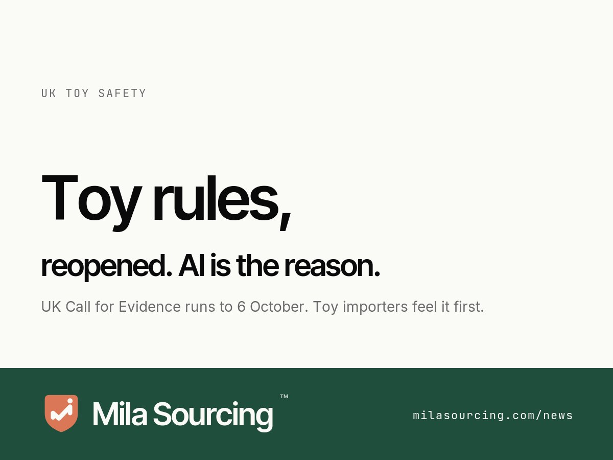 The UK Department for Business and Trade opened a Call for Evidence on toy safety on 6 July 2026 covering AI-enabled toys and chemical safety, and what the review of the Toys (Safety) Regulations 2011 means for businesses importing toys from China