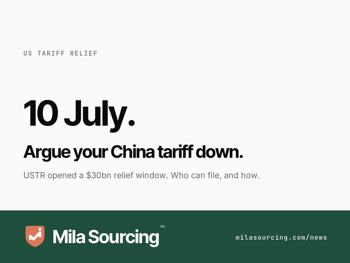 On 2 June 2026 USTR opened public docket USTR-2026-0430, taking comments through 10 July 2026 on which Chinese-origin goods should get Section 301 tariff relief under a new US-China Board of Trade, a roughly 30 billion dollar list matched by a Chinese-side list, with each filing needing the product's HS code and 2022 to 2024 import value